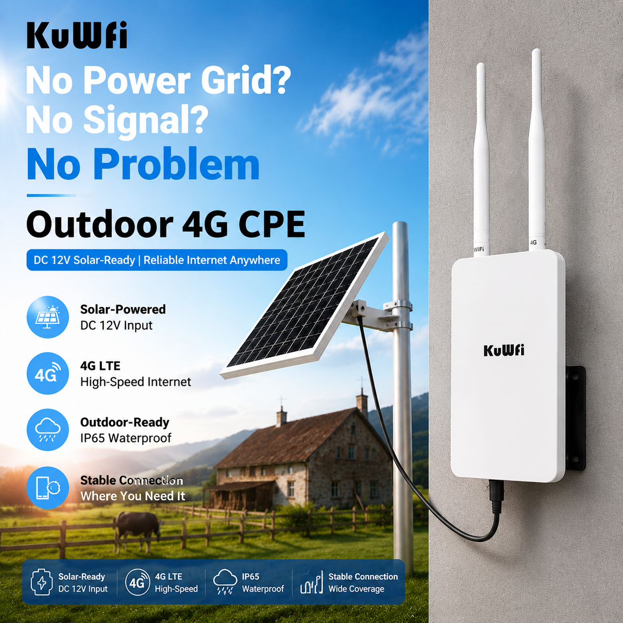 KuWFi Waterproof Outdoor 300Mbps 4G LTE CPE Router | Solar Powered - Image 4