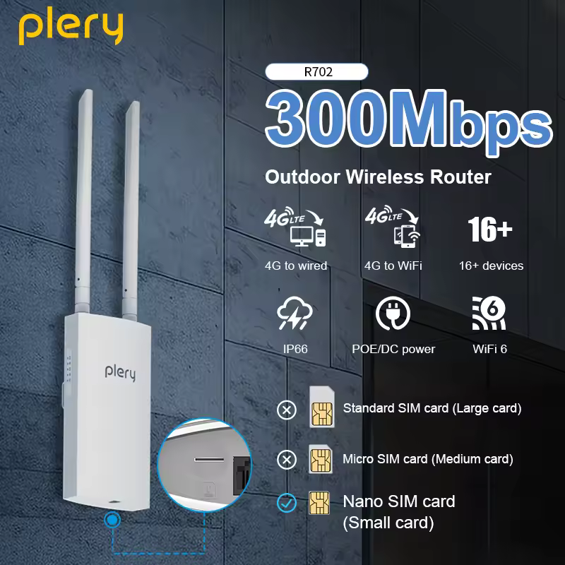 PLERY R702 300Mbps 4G Outdoor WiFi 6 Router with SIM slot and external antennas