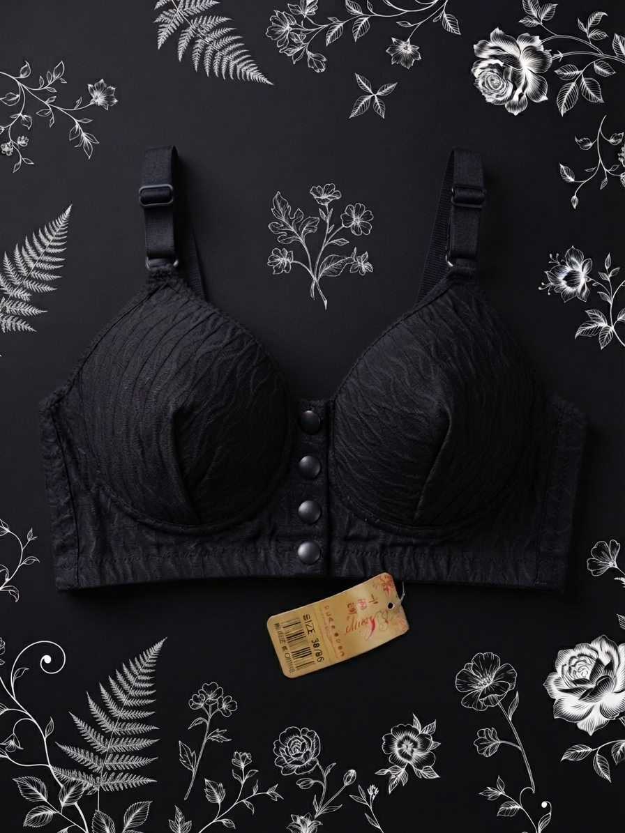 Elegant Black Textured Front Button Padded Bra β Wireless Comfort Bra - Image 3