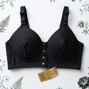 Elegant Black Textured Front Button Padded Bra – Wireless Comfort Bra
