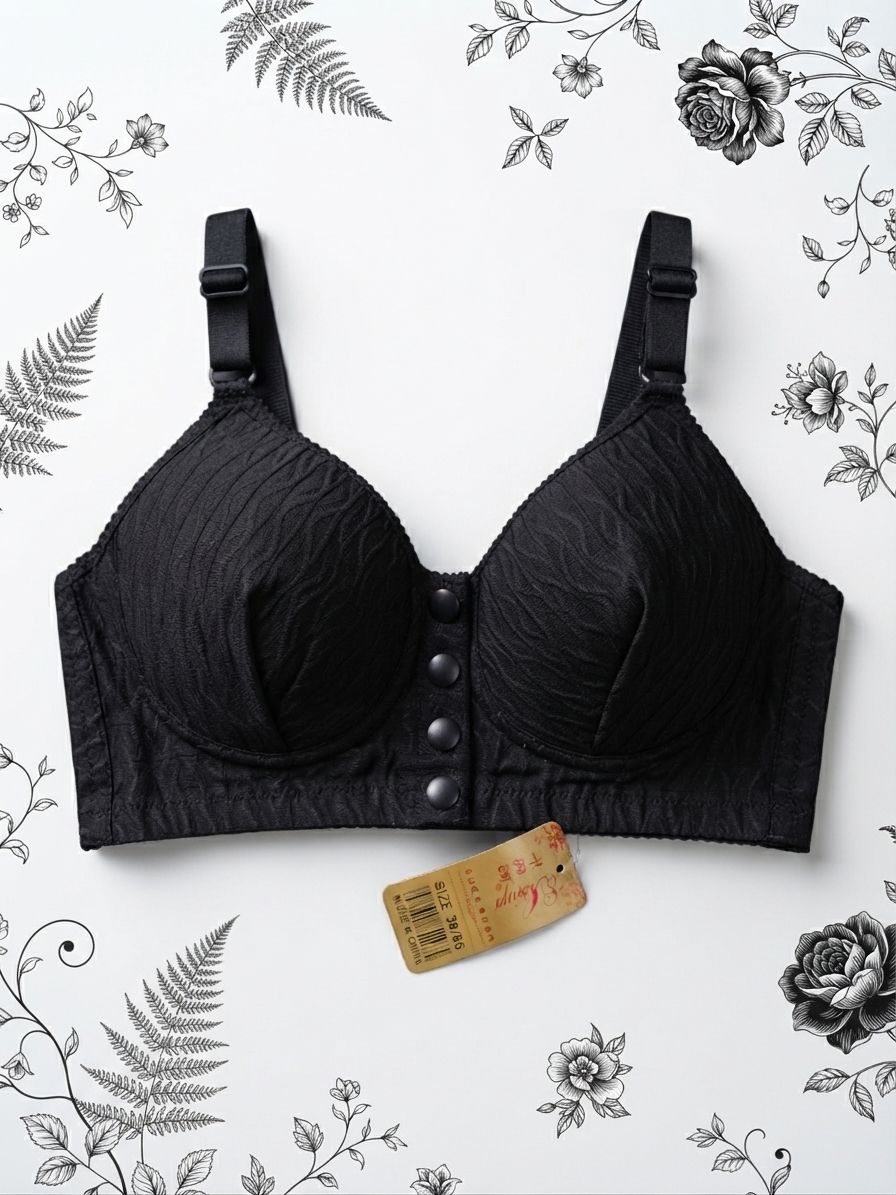 Elegant Black Textured Front Button Padded Bra β Wireless Comfort Bra