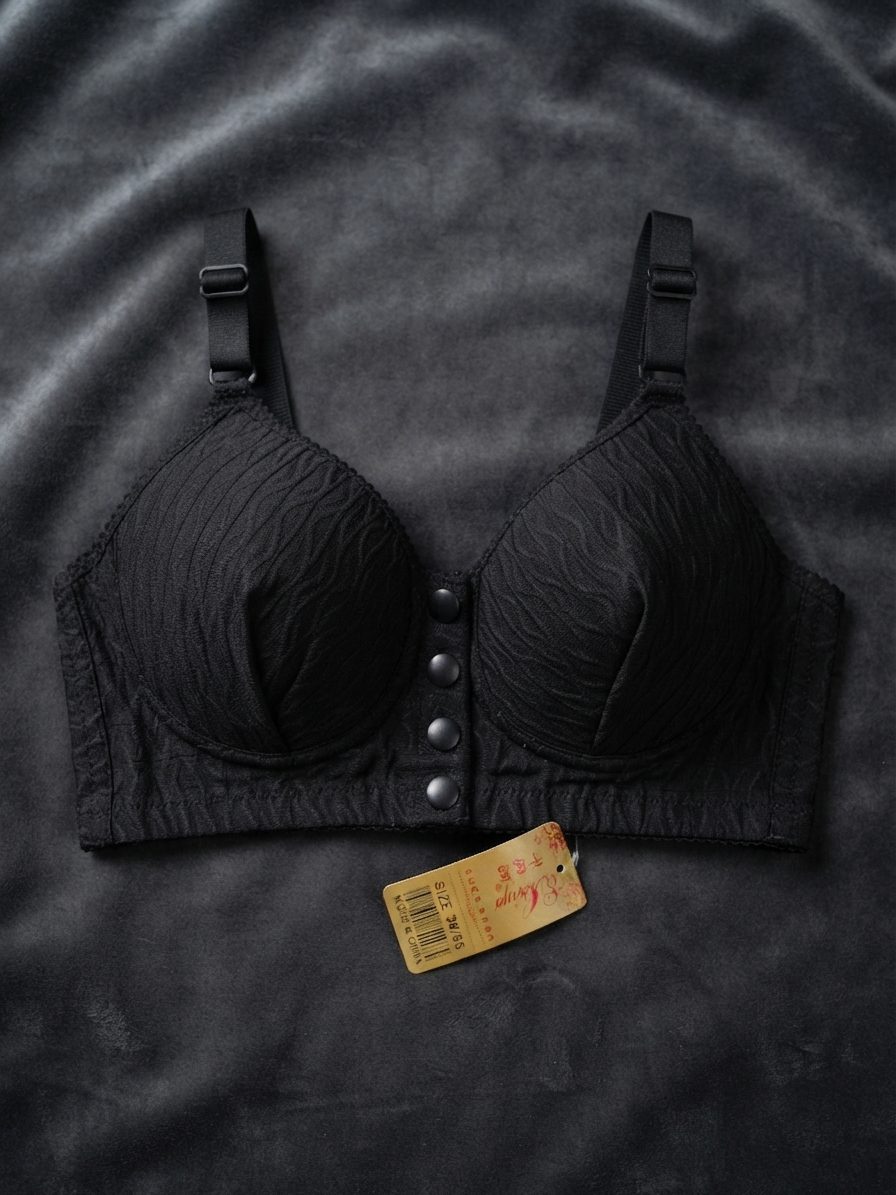 Elegant Black Textured Front Button Padded Bra β Wireless Comfort Bra - Image 4