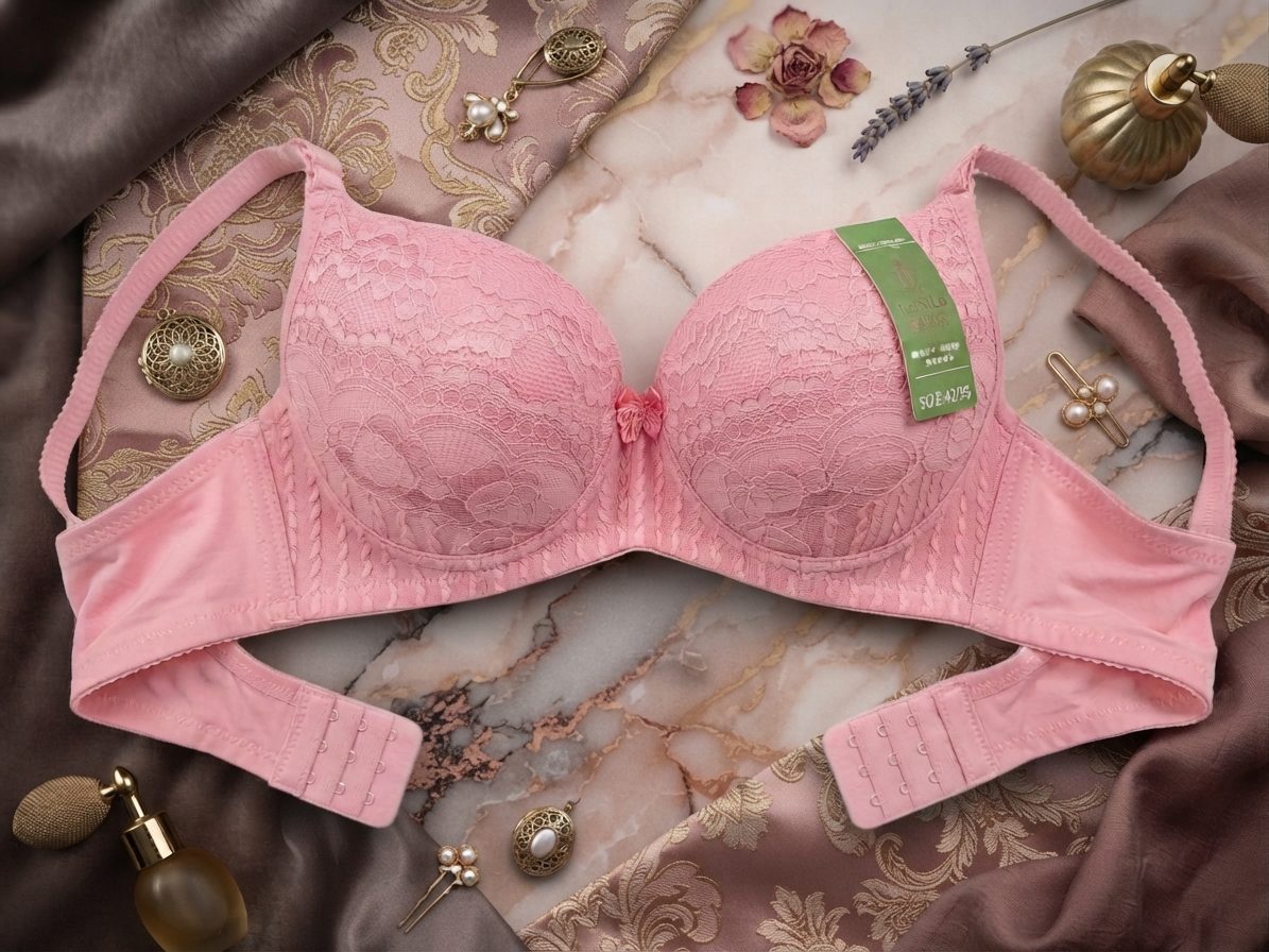 Pink lace padded bra for women with floral detailing
