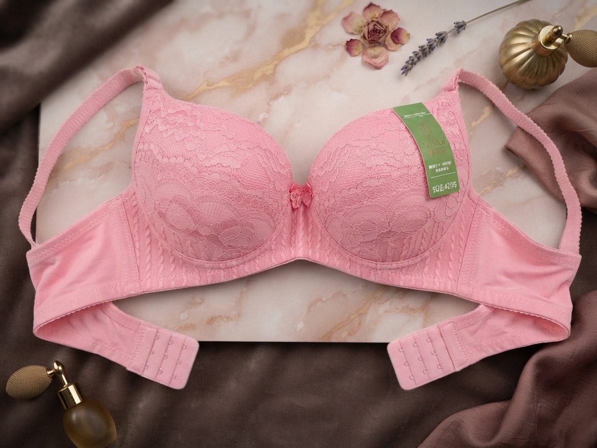 Pink lace padded bra for women with floral detailing