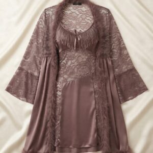 Faux Fur Trimmed Nighty & Matching Robe 3-Piece Set – Romantic Sleepwear