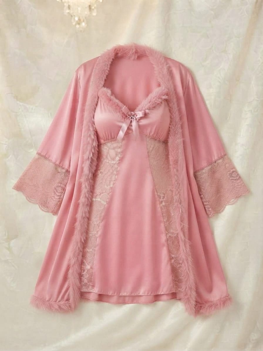 Luxurious Faux Fur Trimmed Nighty & Matching Robe 3-Piece Set β Romantic Sleepwear - Image 5