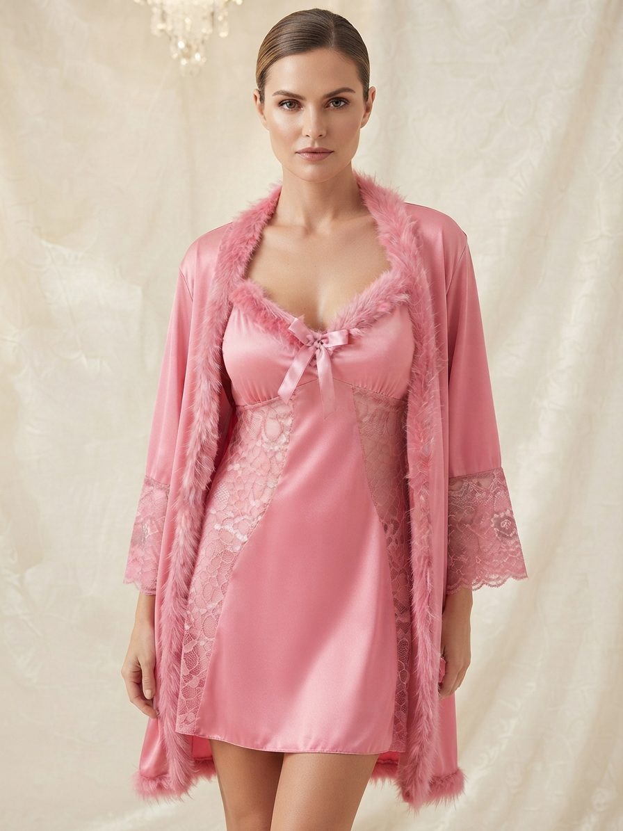 Luxurious Faux Fur Trimmed Nighty & Matching Robe 3-Piece Set β Romantic Sleepwear - Image 4