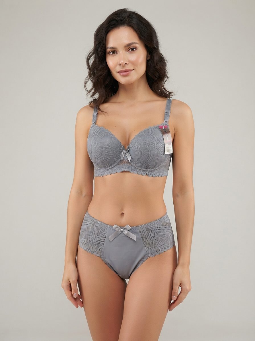 Grey Lace Padded Bra & Matching Panty Set - Image 3