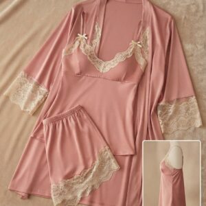 Luxurious Lace Camisole, Shorts & Matching Robe 3-Piece Set | Romantic Sleepwear