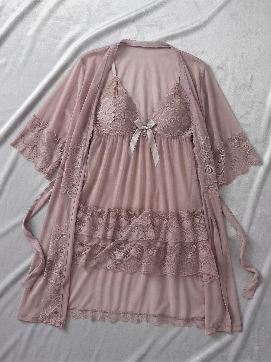 Luxurious Layered Lace Nighty & Matching Robe Set Romantic Sleepwear