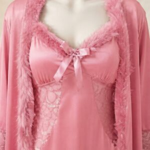 Luxurious Faux Fur Trimmed Nighty & Matching Robe 3-Piece Set – Romantic Sleepwear